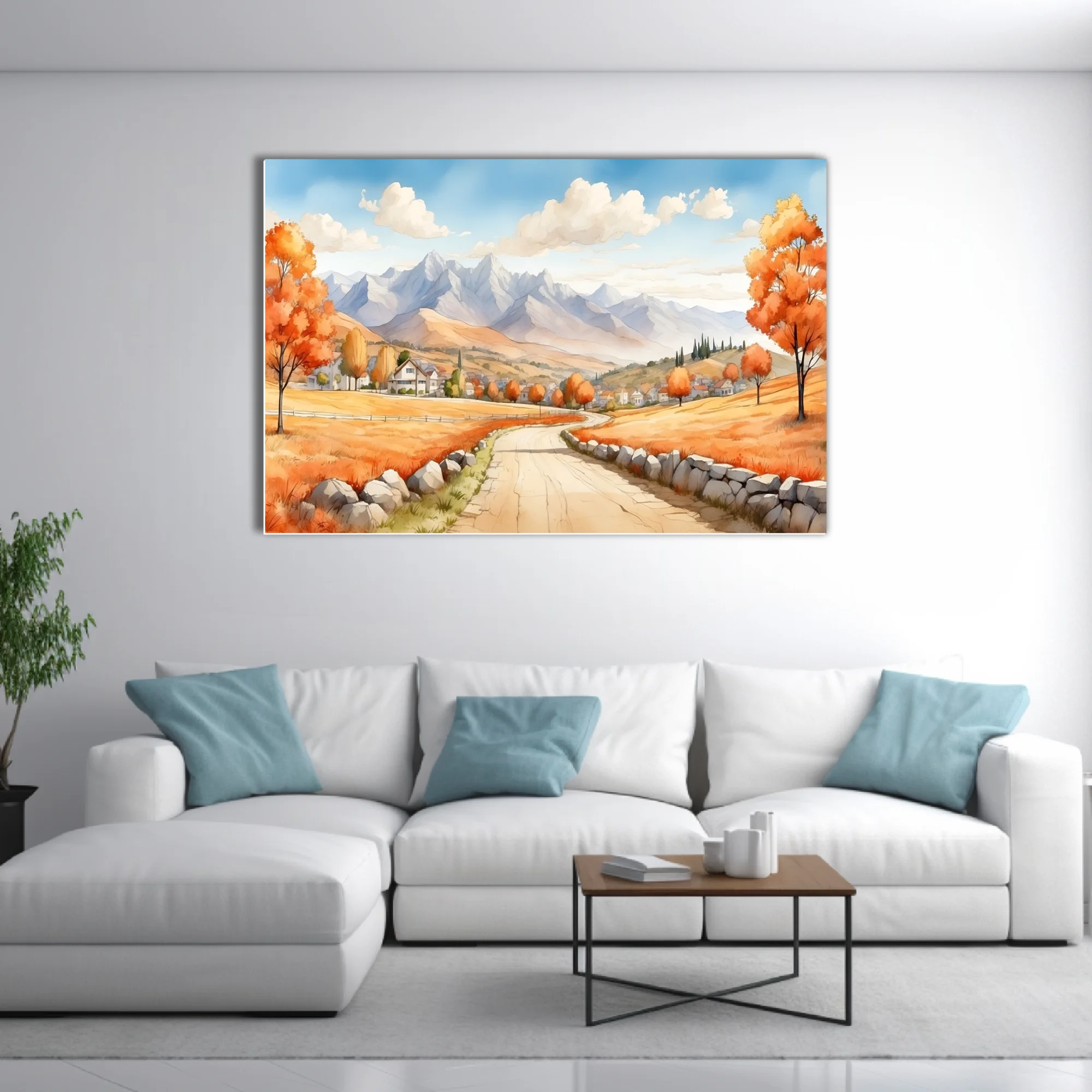 Watercolor-style autumn countryside with winding road, stone walls, and mountain backdrop