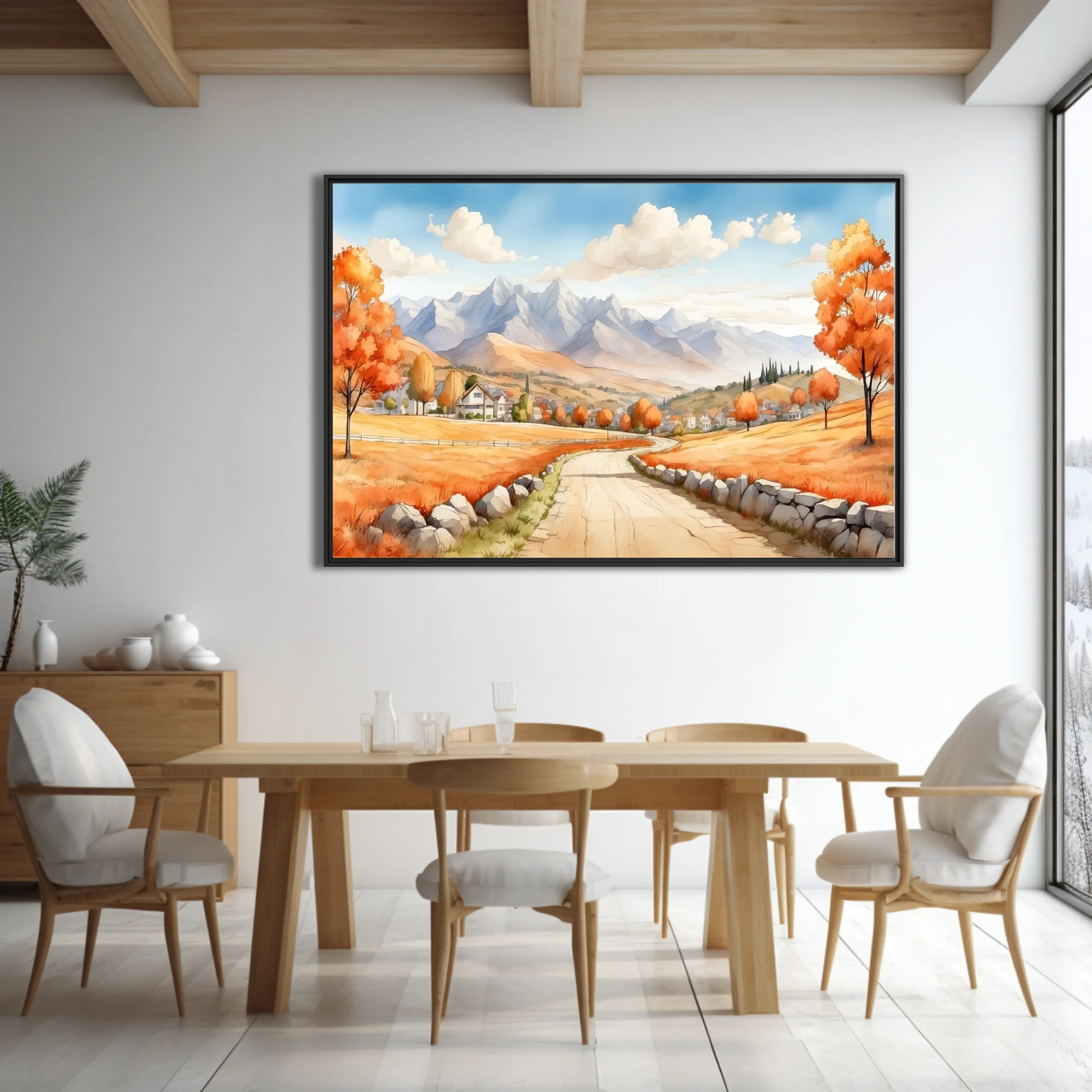 Watercolor-style autumn countryside with winding road, stone walls, and mountain backdrop