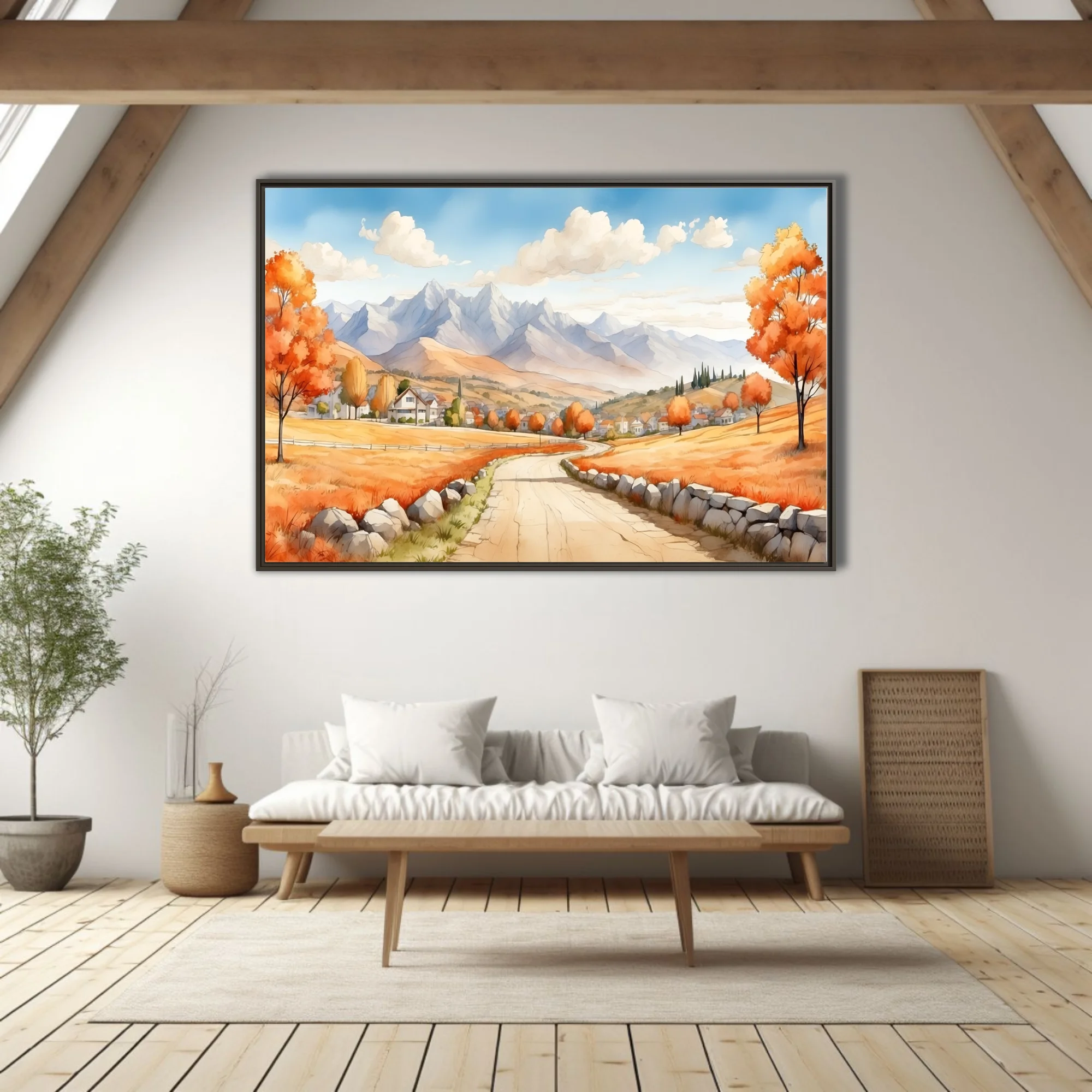 Watercolor-style autumn countryside with winding road, stone walls, and mountain backdrop
