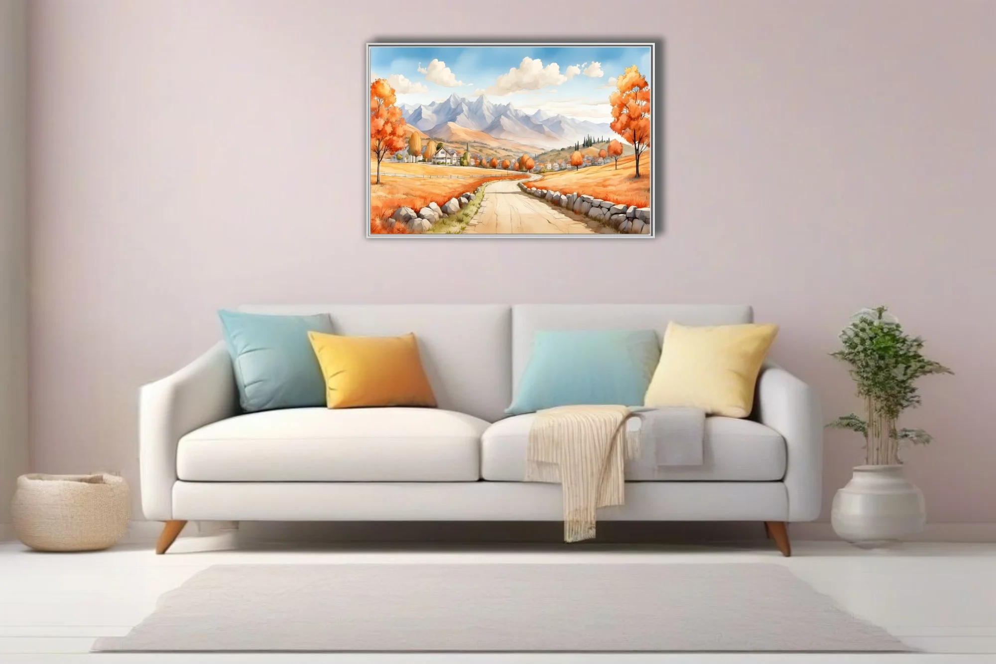 Watercolor-style autumn countryside with winding road, stone walls, and mountain backdrop