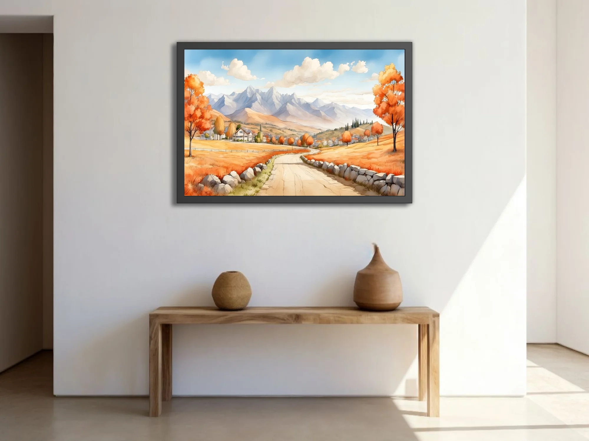 Watercolor-style autumn countryside with winding road, stone walls, and mountain backdrop