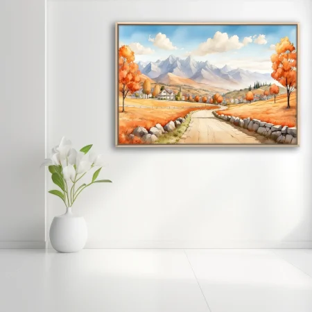 Watercolor-style autumn countryside with winding road, stone walls, and mountain backdrop