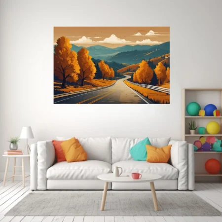 Flat graphic autumn road landscape with golden trees and teal mountain backdrop
