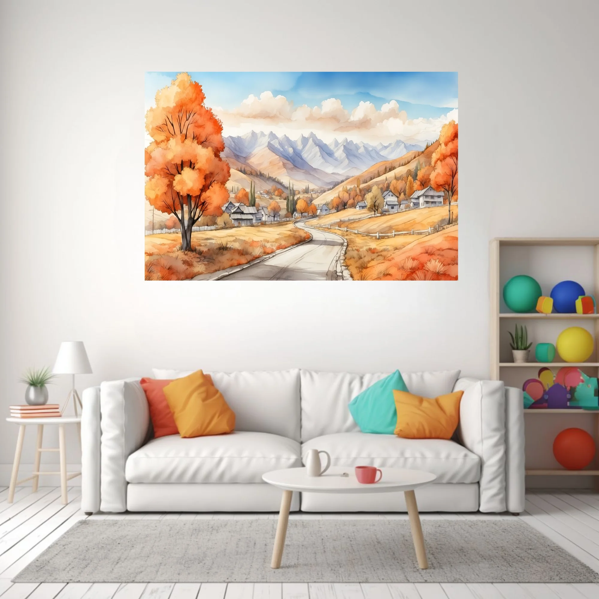 Watercolor-style autumn valley landscape with orange foliage, mountain backdrop, and winding road
