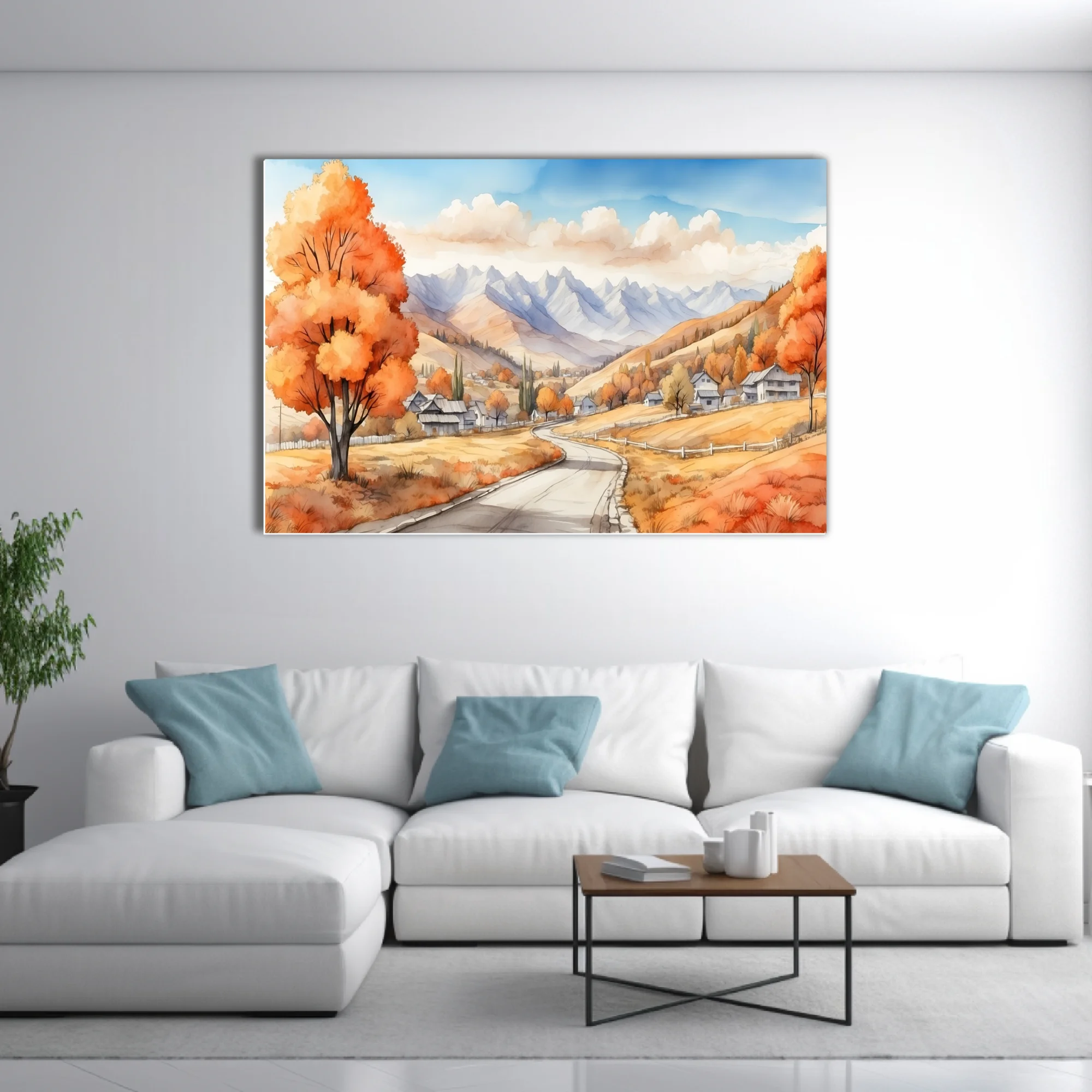 Watercolor-style autumn valley landscape with orange foliage, mountain backdrop, and winding road