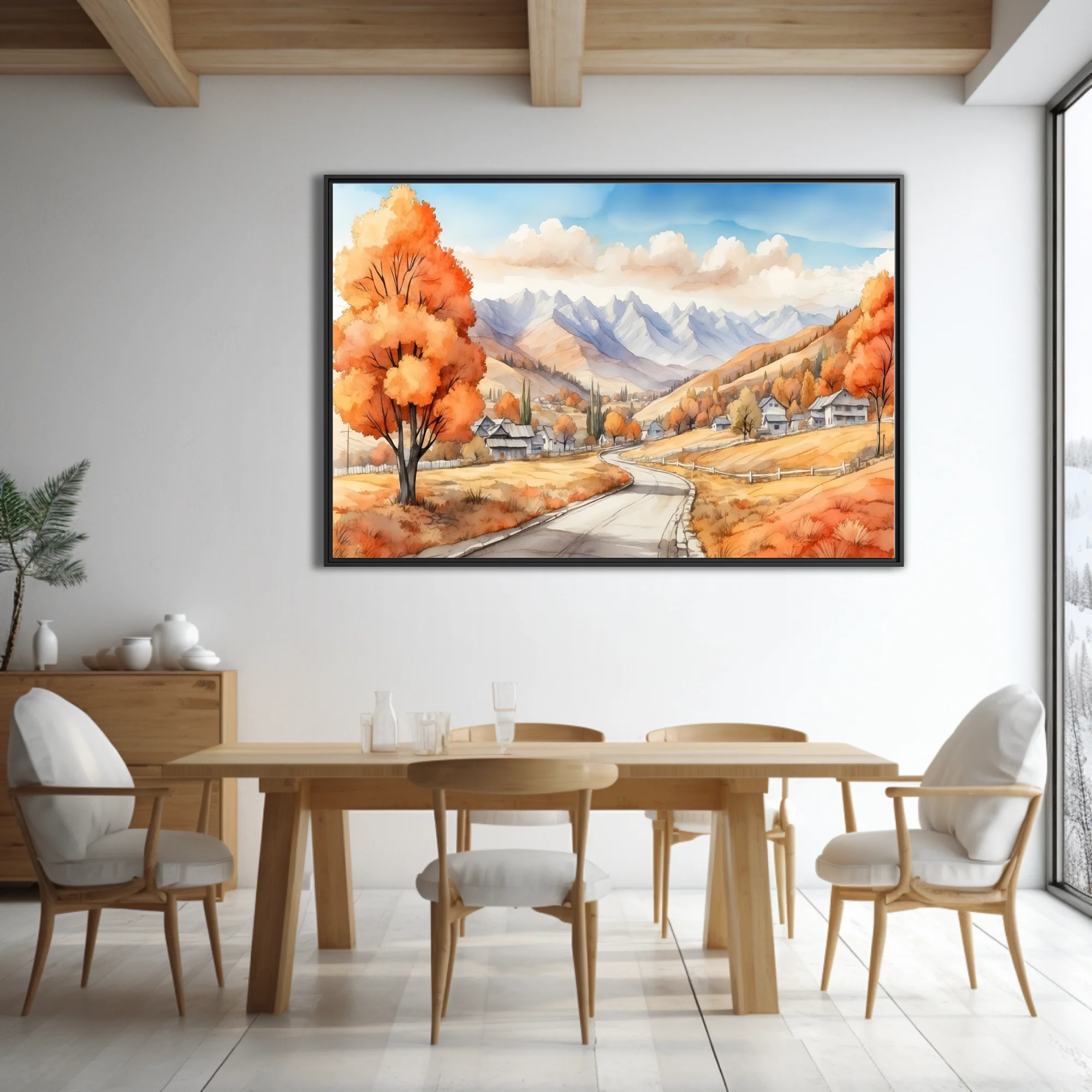 Watercolor-style autumn valley landscape with orange foliage, mountain backdrop, and winding road