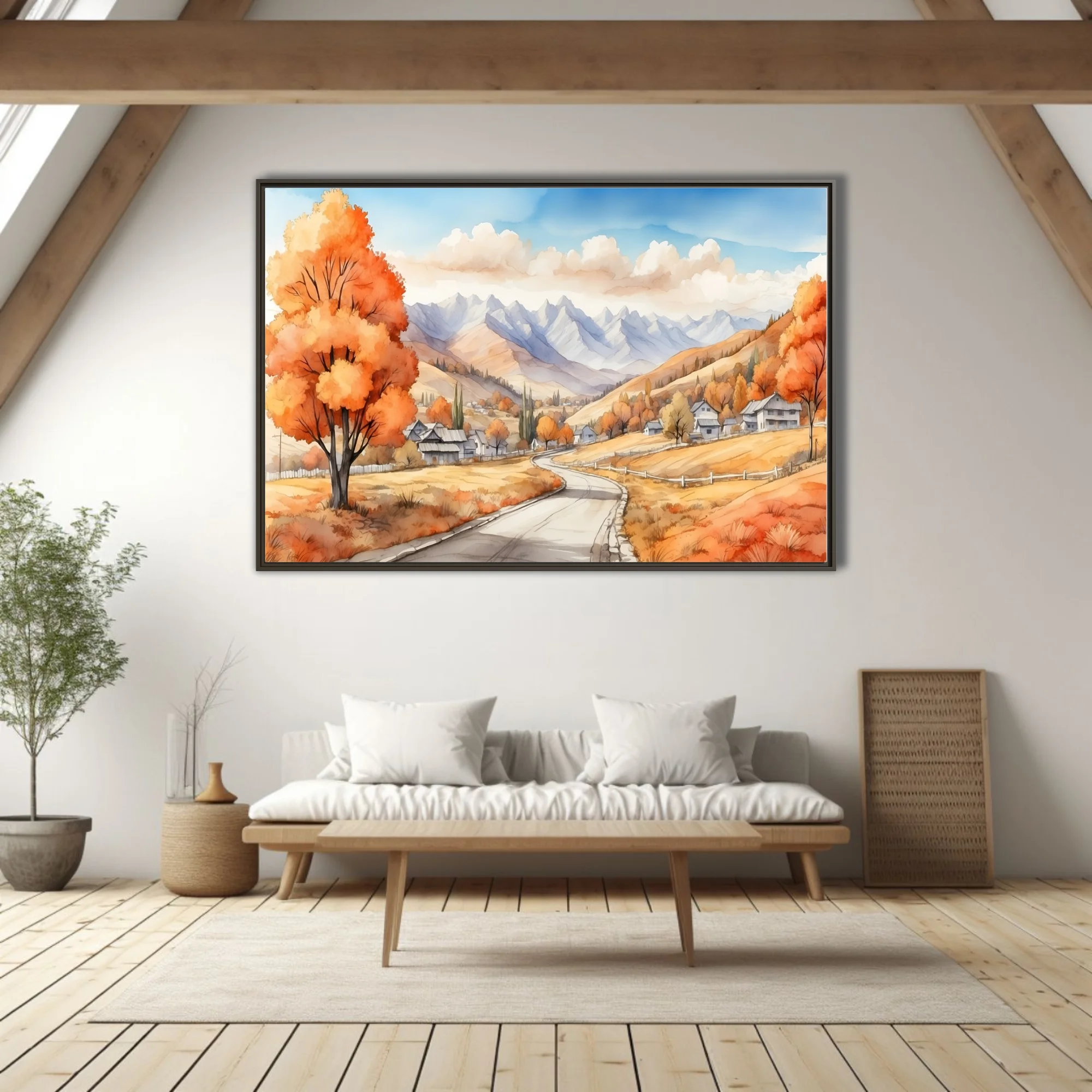 Watercolor-style autumn valley landscape with orange foliage, mountain backdrop, and winding road