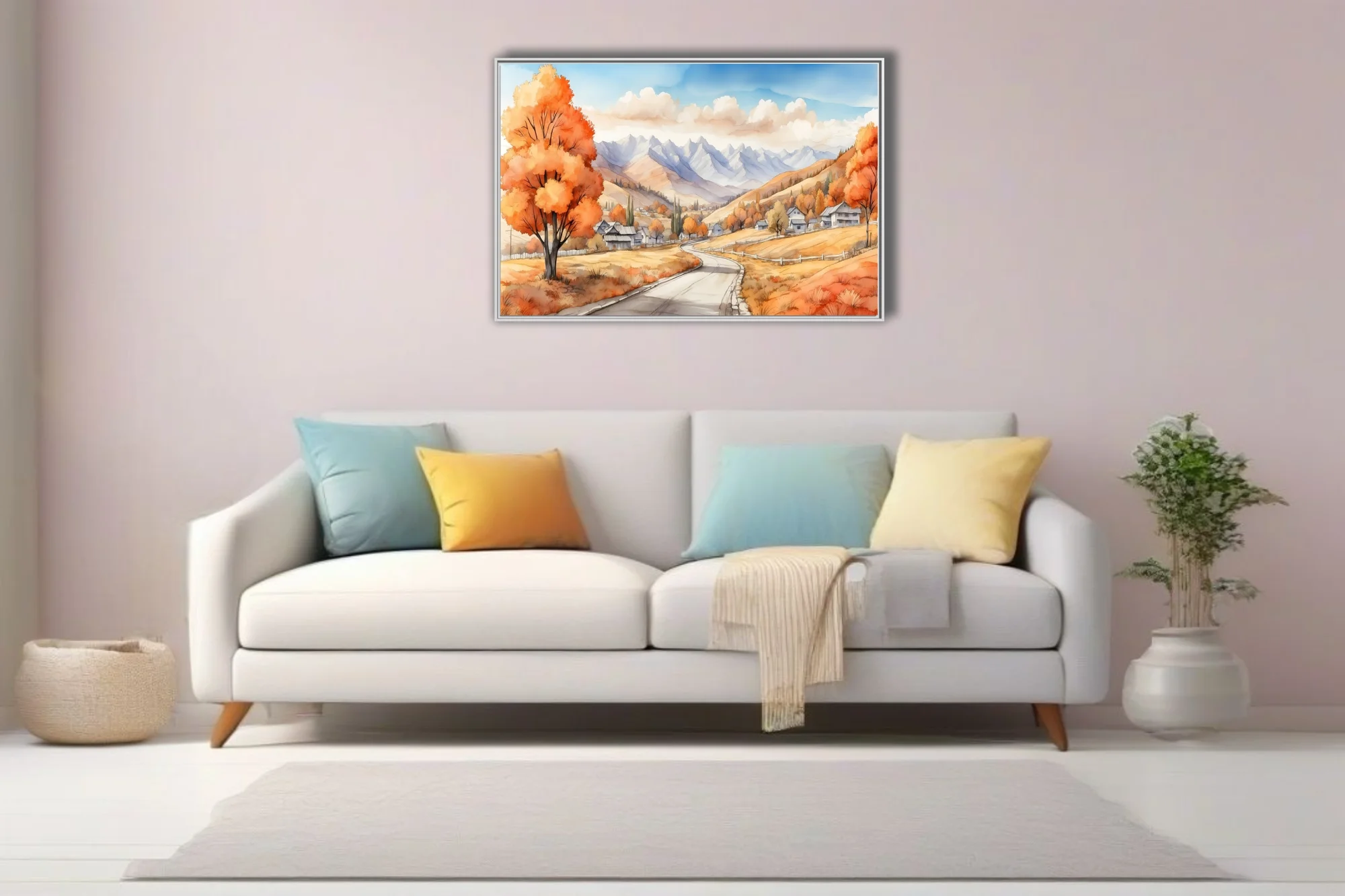 Watercolor-style autumn valley landscape with orange foliage, mountain backdrop, and winding road