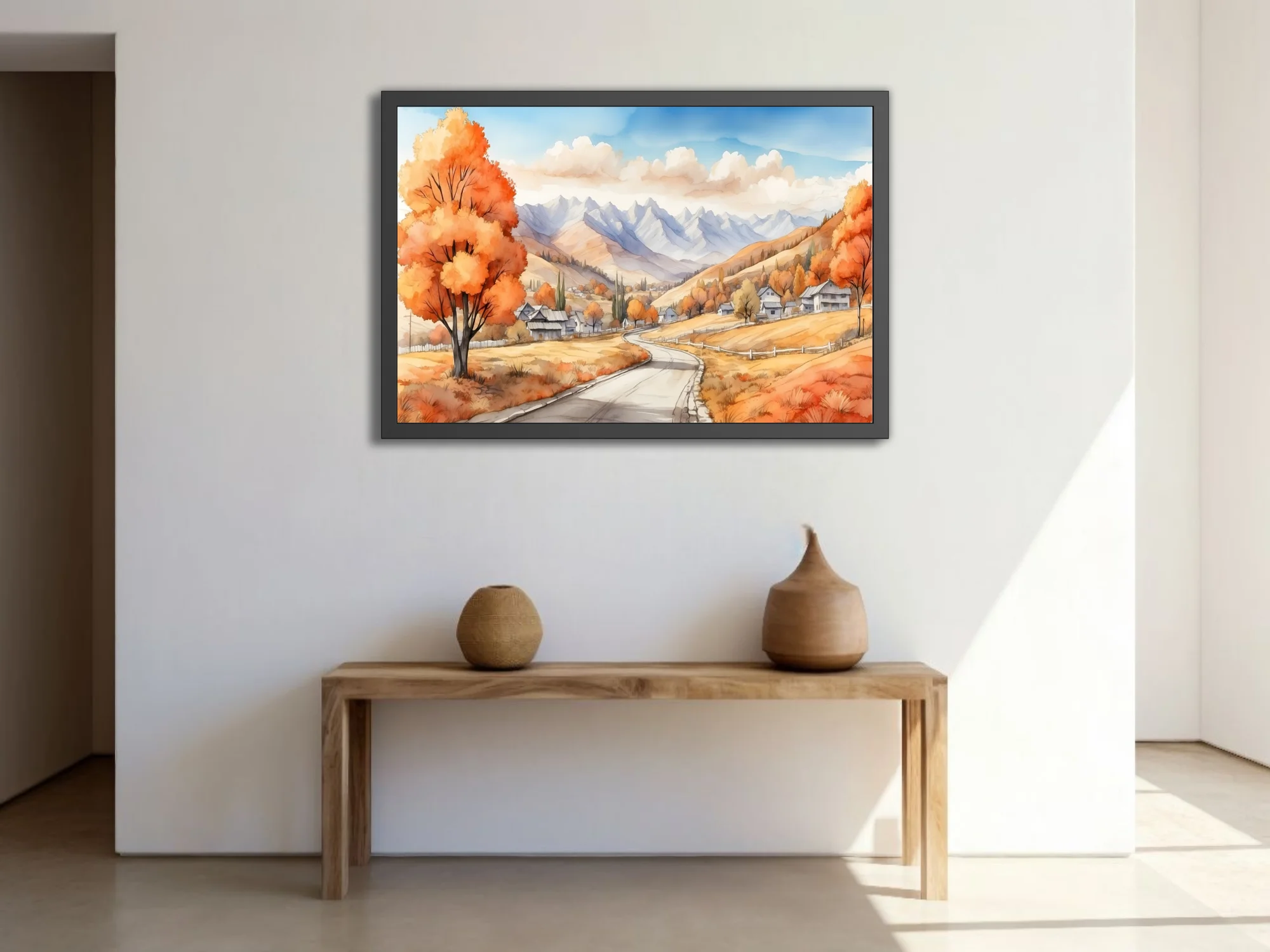 Watercolor-style autumn valley landscape with orange foliage, mountain backdrop, and winding road