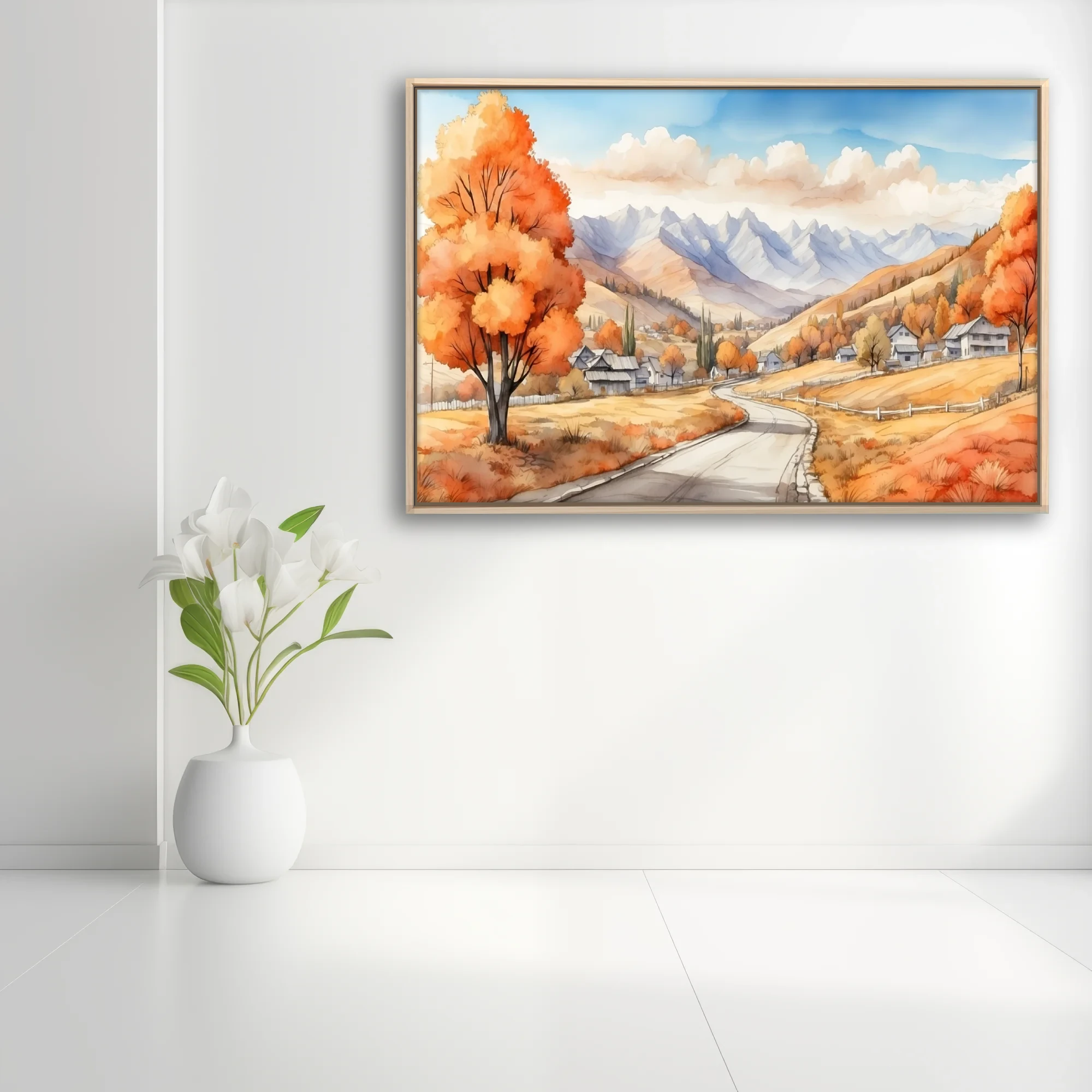 Watercolor-style autumn valley landscape with orange foliage, mountain backdrop, and winding road
