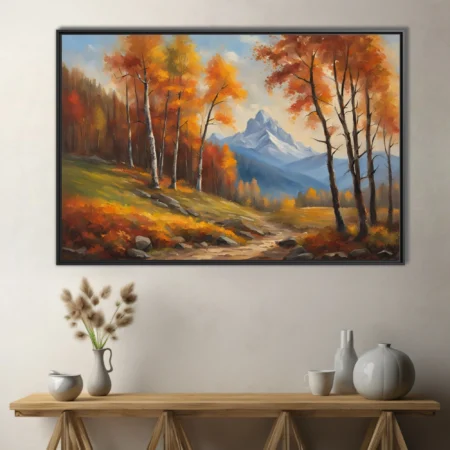 Autumn mountain landscape with fiery foliage, birch trees, and snow-capped peak in warm strokes