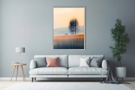 Minimalist autumn landscape with bare trees and tiny figures in apricot and slate tones at dusk