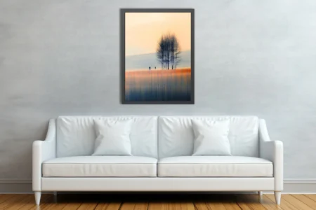 Minimalist abstract autumn landscape with figures and bare trees in warm amber tones
