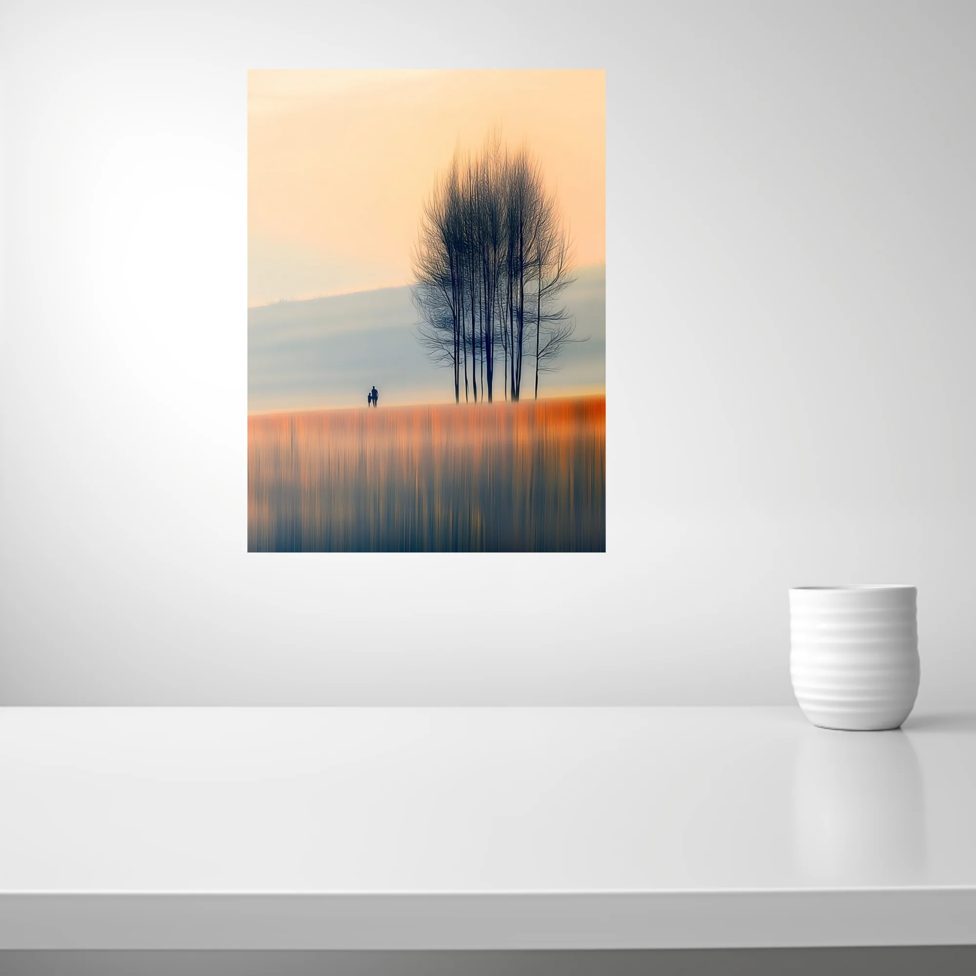 Minimalist autumn landscape with silhouetted figures and bare trees in soft amber and blue tones