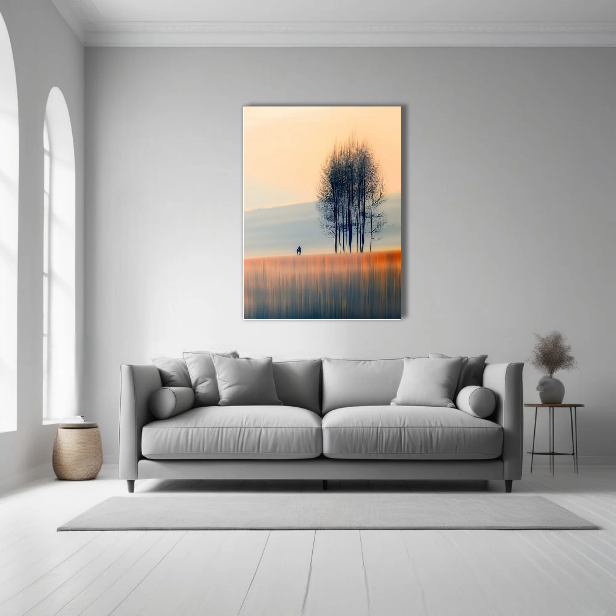 Minimalist autumn landscape with silhouetted figures and bare trees in soft amber and blue tones