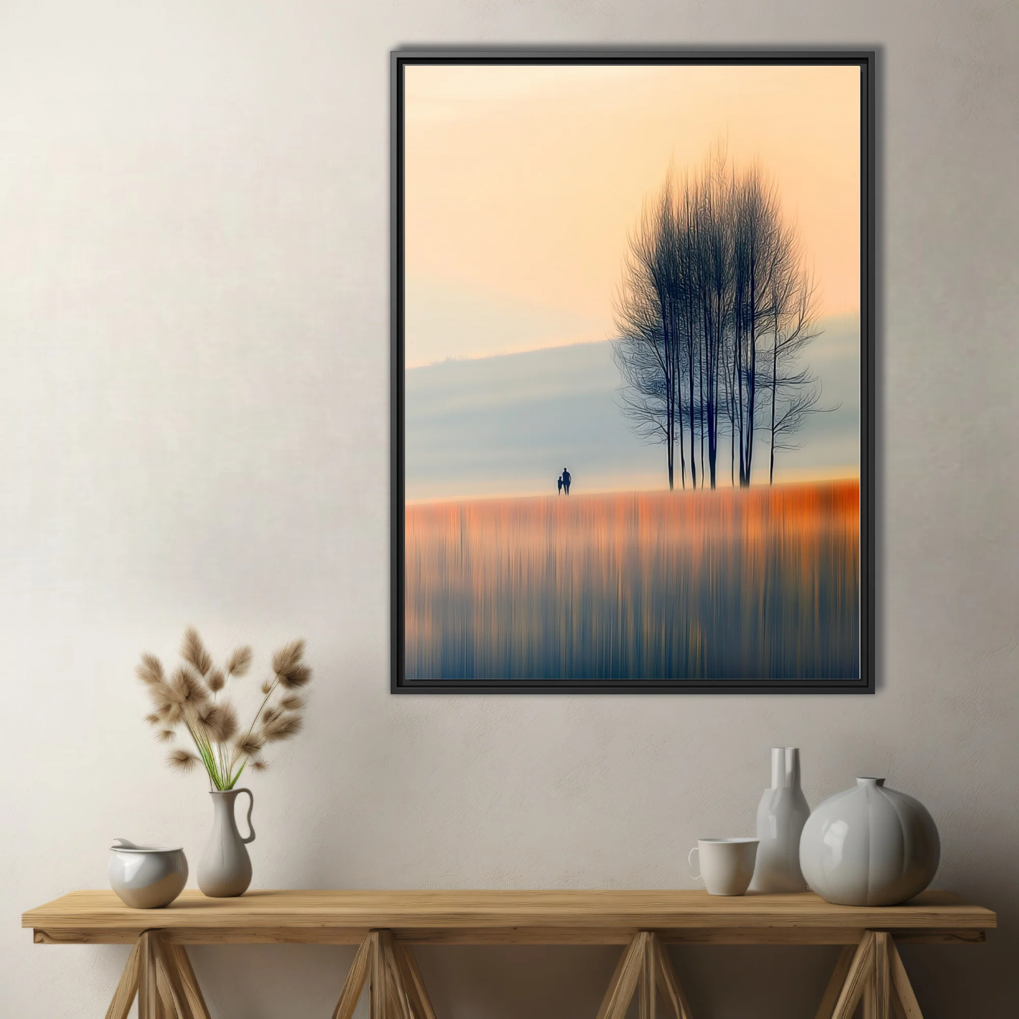Minimalist autumn landscape with silhouetted figures and bare trees in soft amber and blue tones