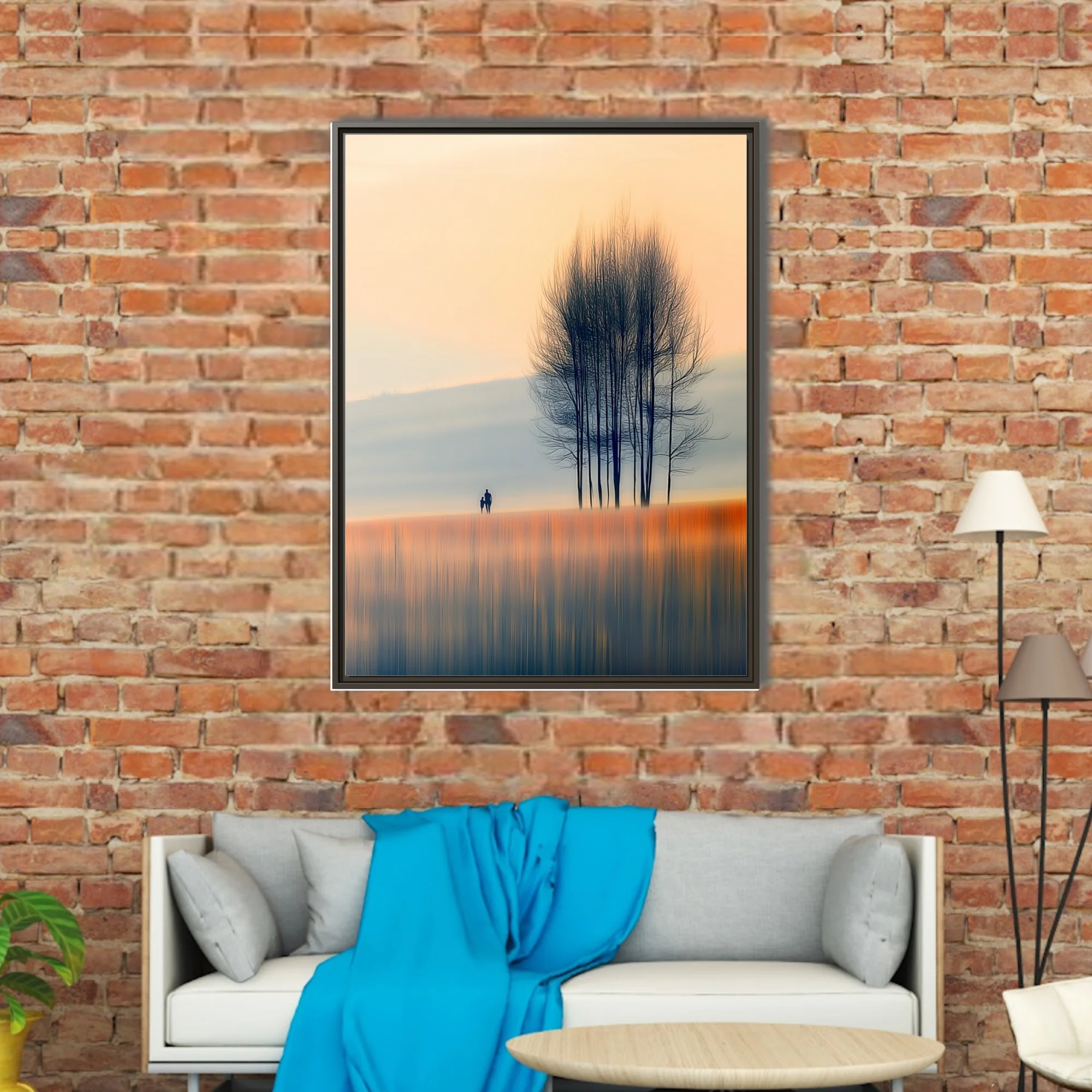 Minimalist autumn landscape with silhouetted figures and bare trees in soft amber and blue tones