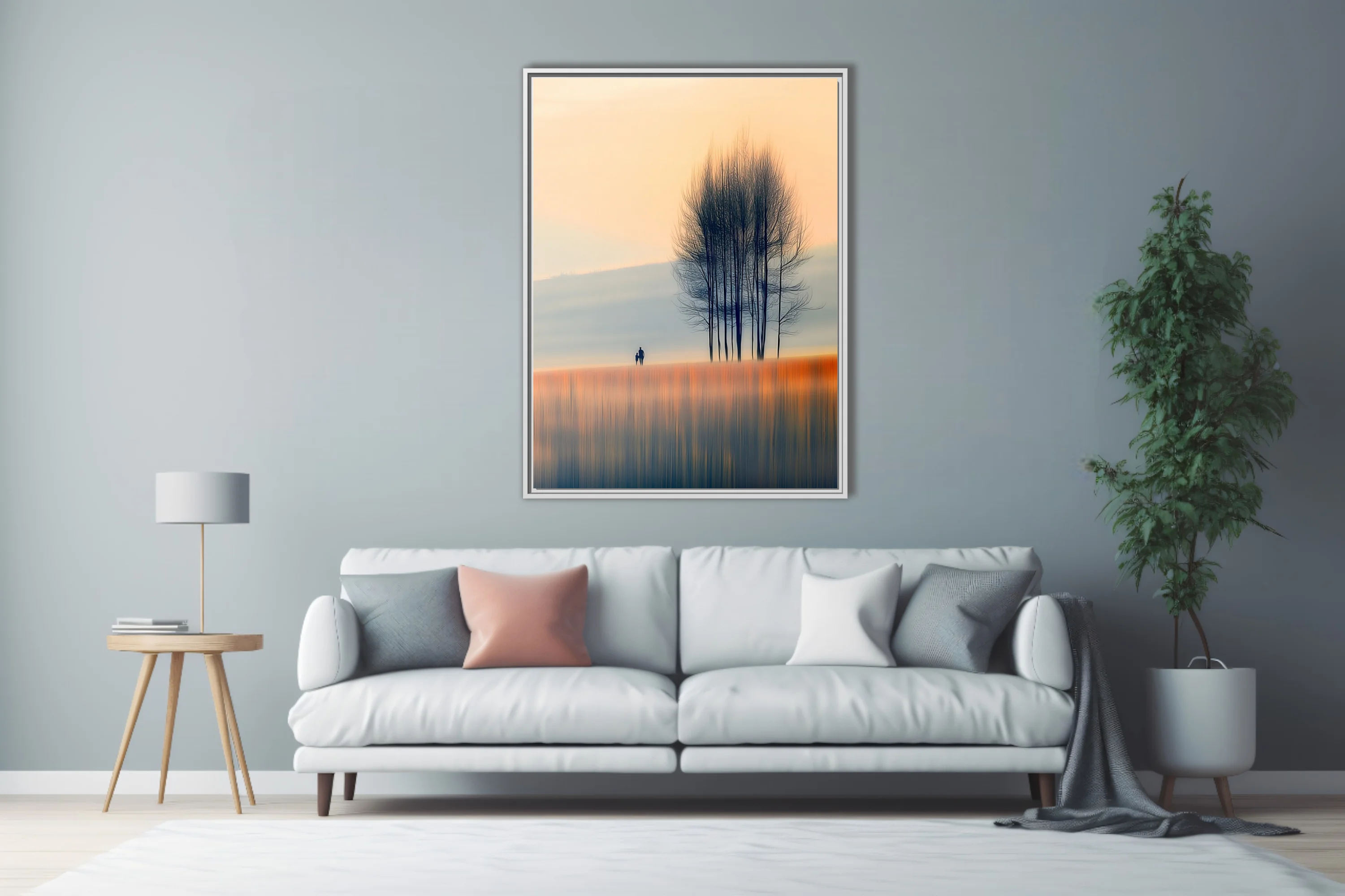 Minimalist autumn landscape with silhouetted figures and bare trees in soft amber and blue tones