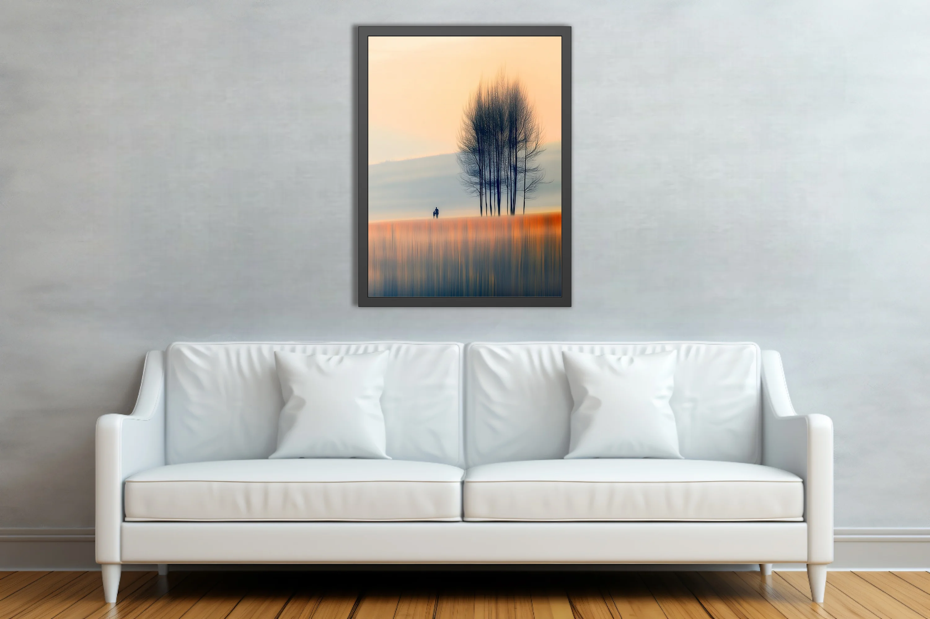 Minimalist autumn landscape with silhouetted figures and bare trees in soft amber and blue tones