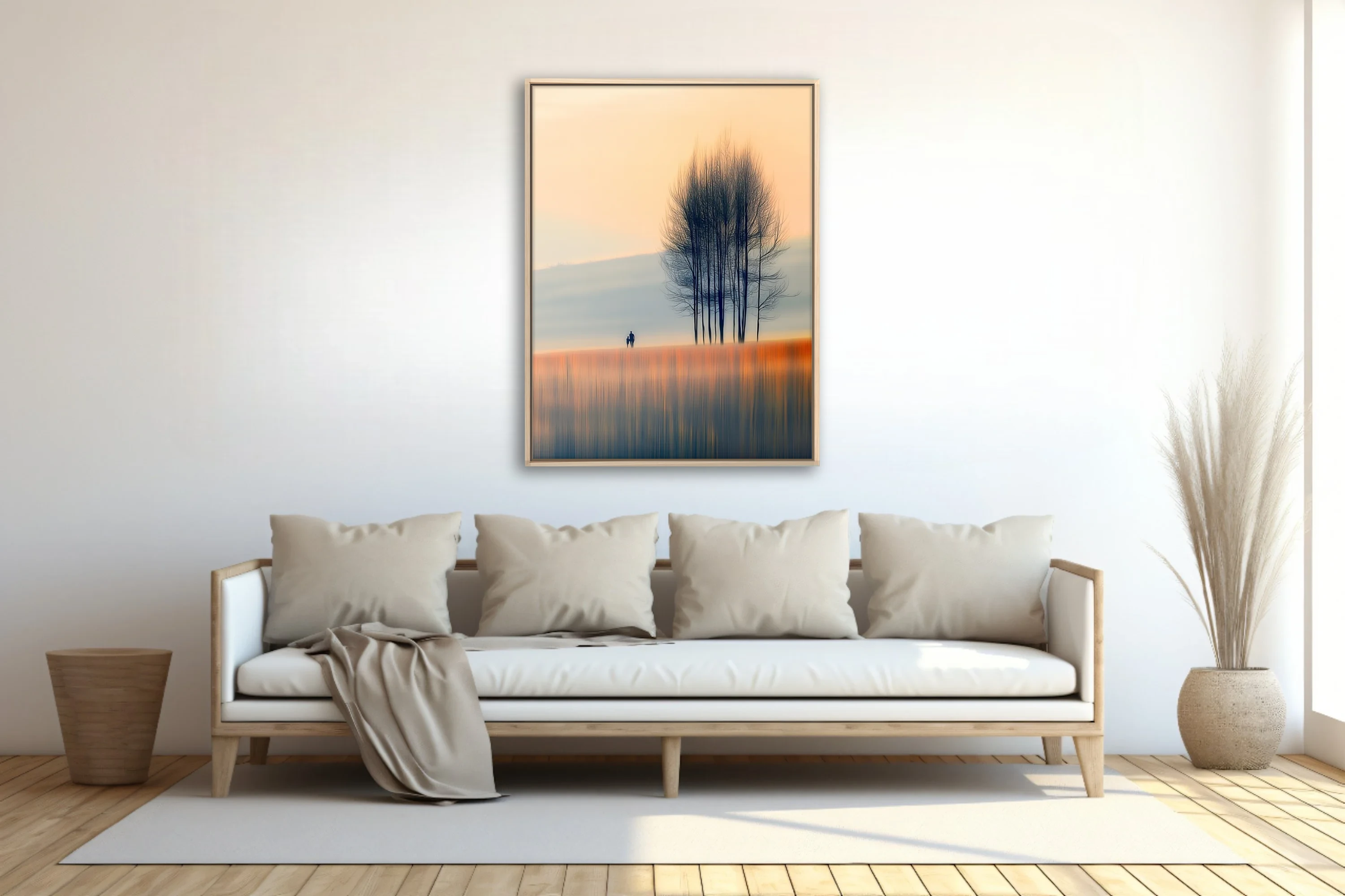 Minimalist autumn landscape with silhouetted figures and bare trees in soft amber and blue tones