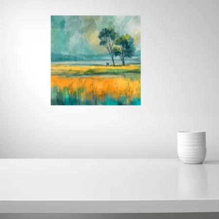 Painterly landscape with figures and trees in teal and golden-yellow tones, strokes