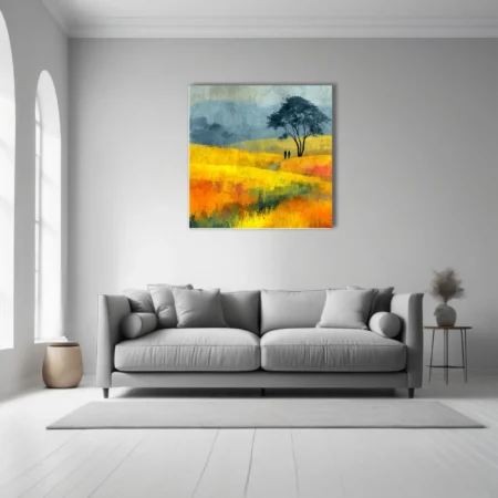 Stylized golden meadow landscape with figures walking beneath a lone tree against misty blue hills