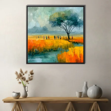 Painterly autumn landscape with golden marshland, lone tree, and figures walking under a misty sky