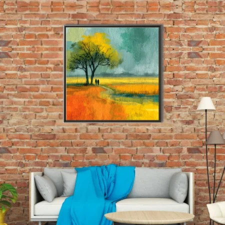 Abstract autumn landscape watercolor-style warm amber teal misty fields silhouetted figures