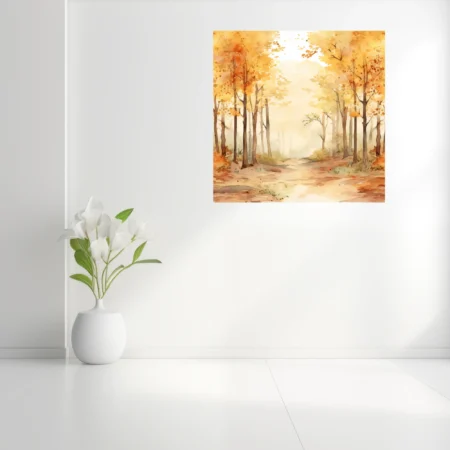 Watercolor-style autumn forest in golden amber and ochre tones, misty glade