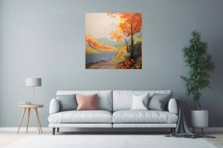 Autumn landscape with orange foliage, lake, and rolling hills