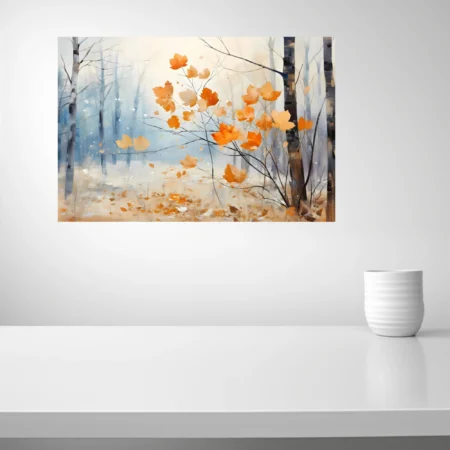 Painterly autumn forest with amber leaves and misty blue birches