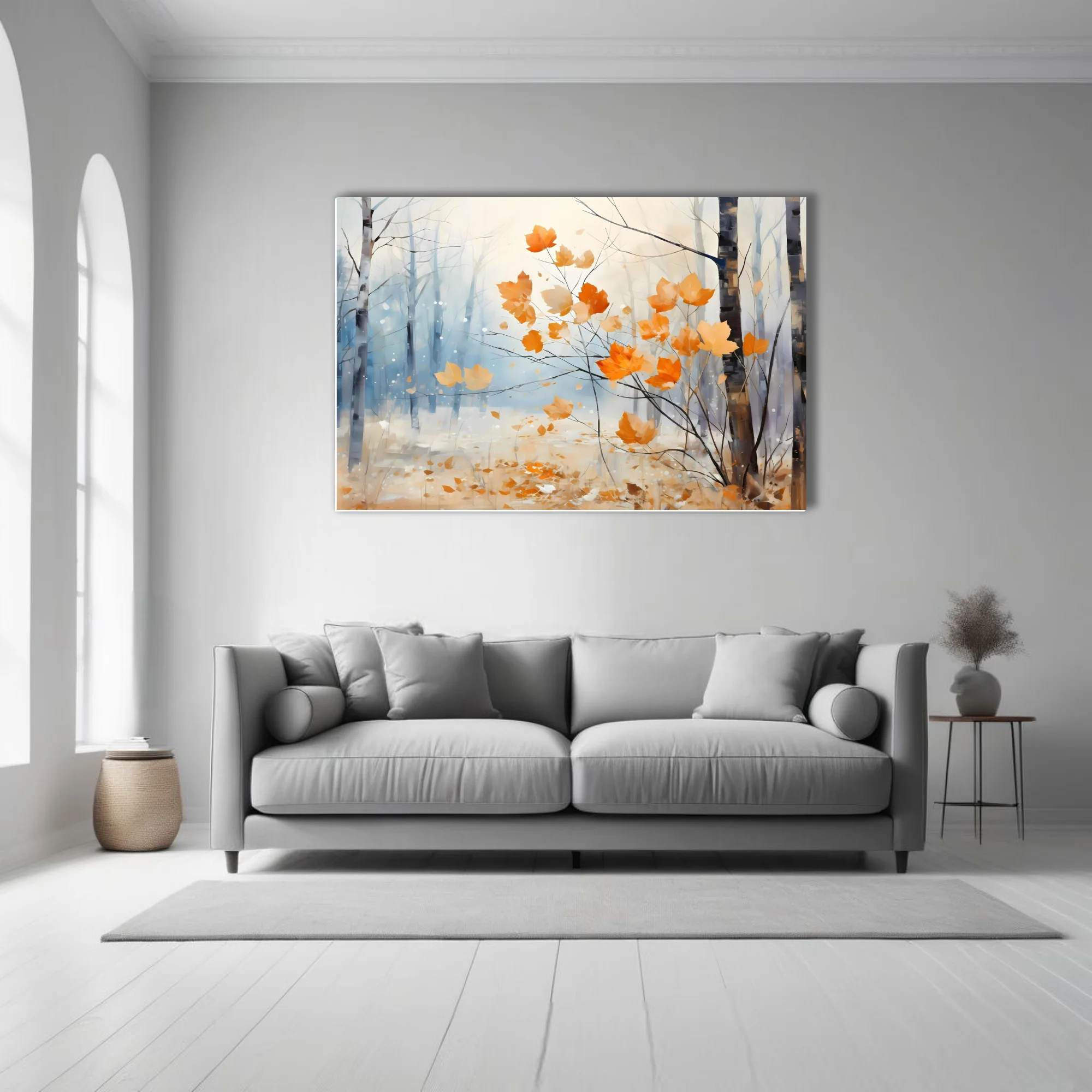 Painterly autumn forest with amber leaves and misty blue birches