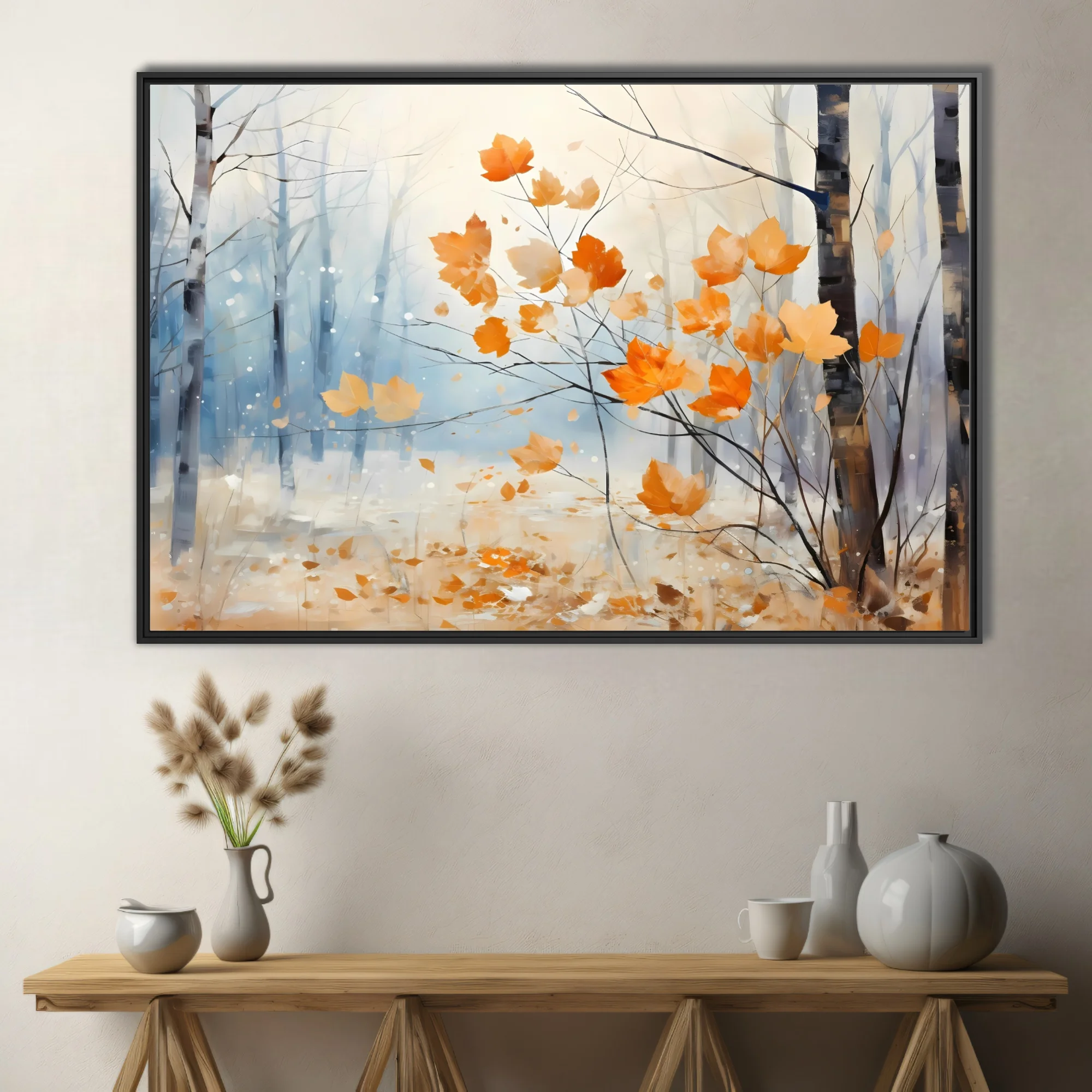 Painterly autumn forest with amber leaves and misty blue birches