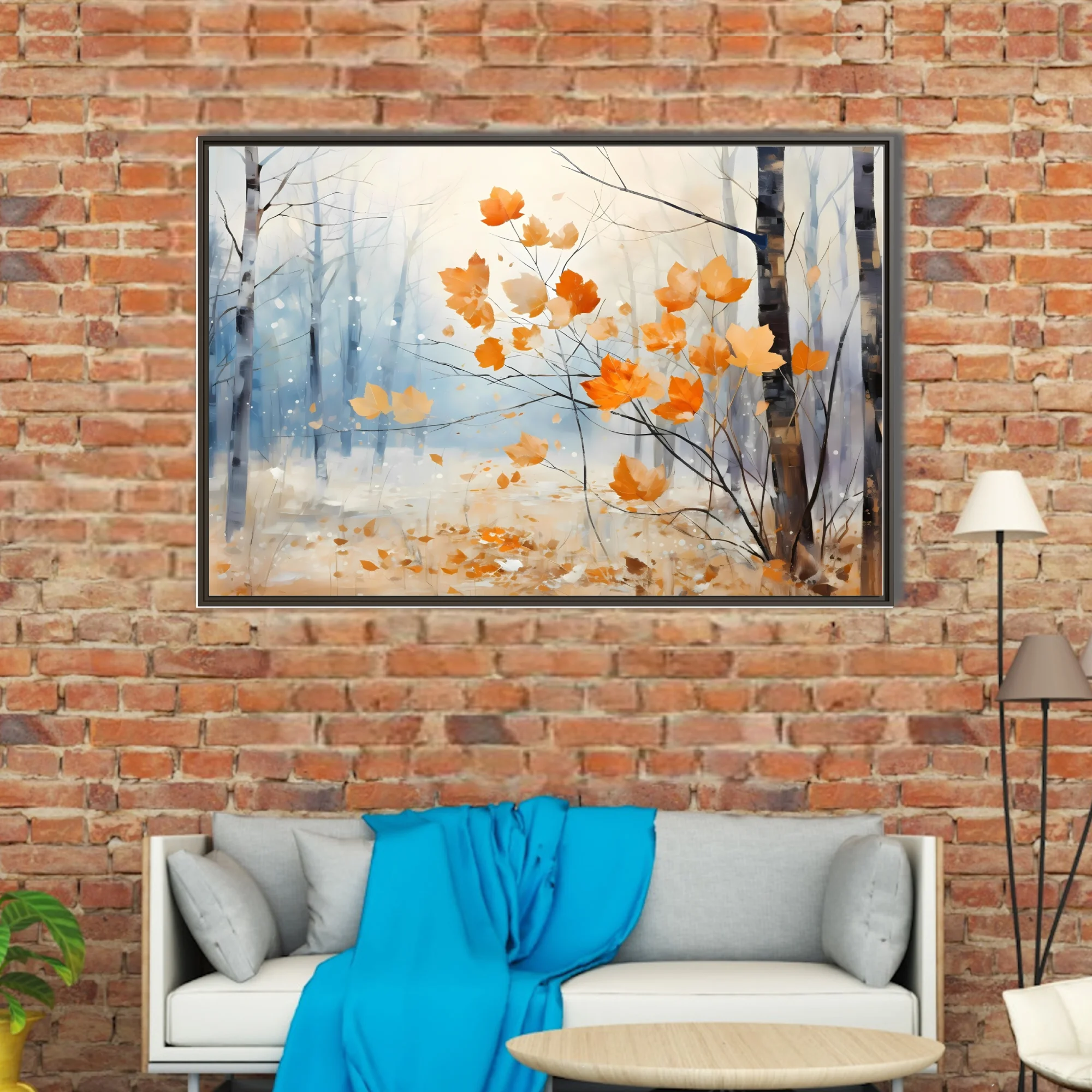Painterly autumn forest with amber leaves and misty blue birches