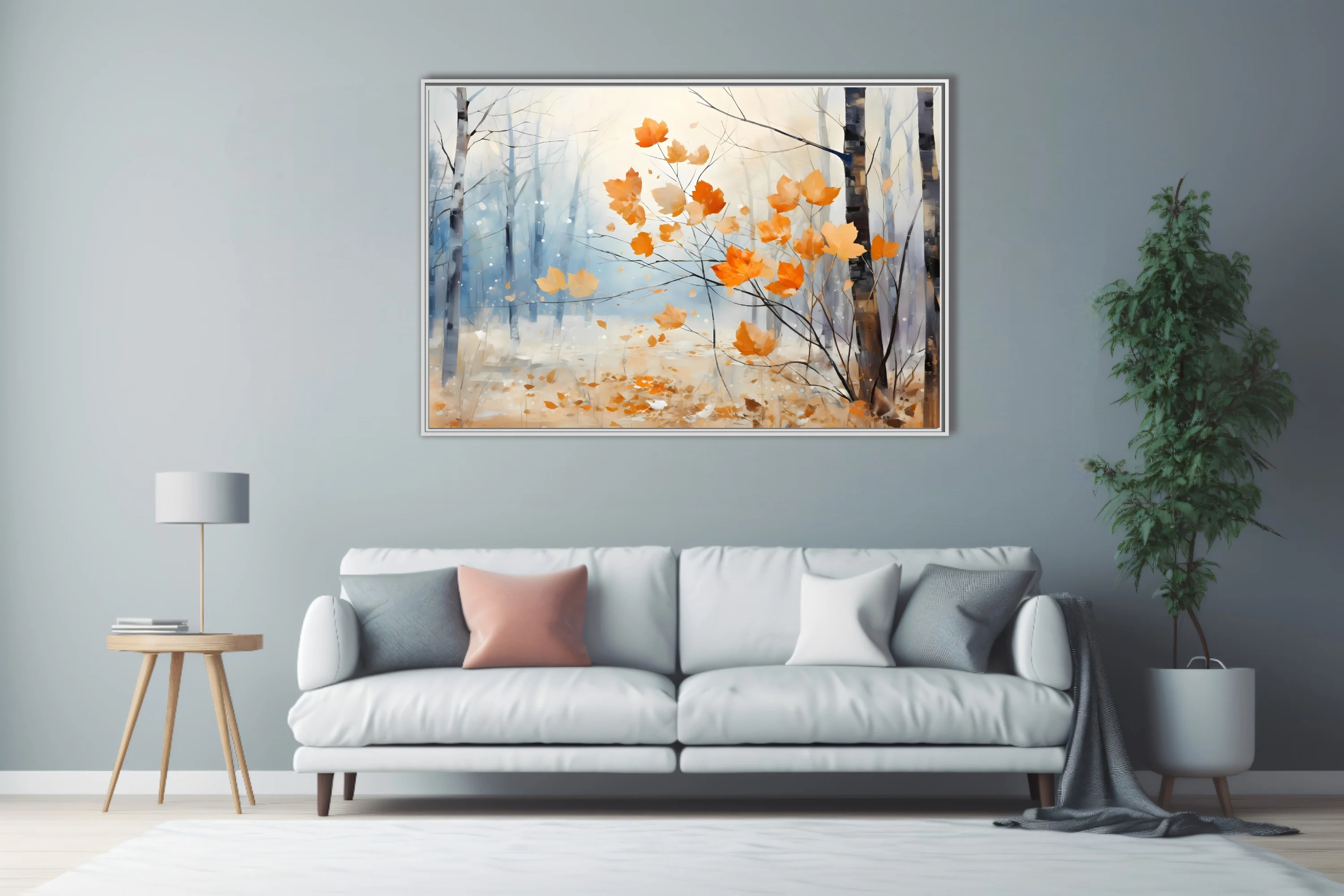 Painterly autumn forest with amber leaves and misty blue birches