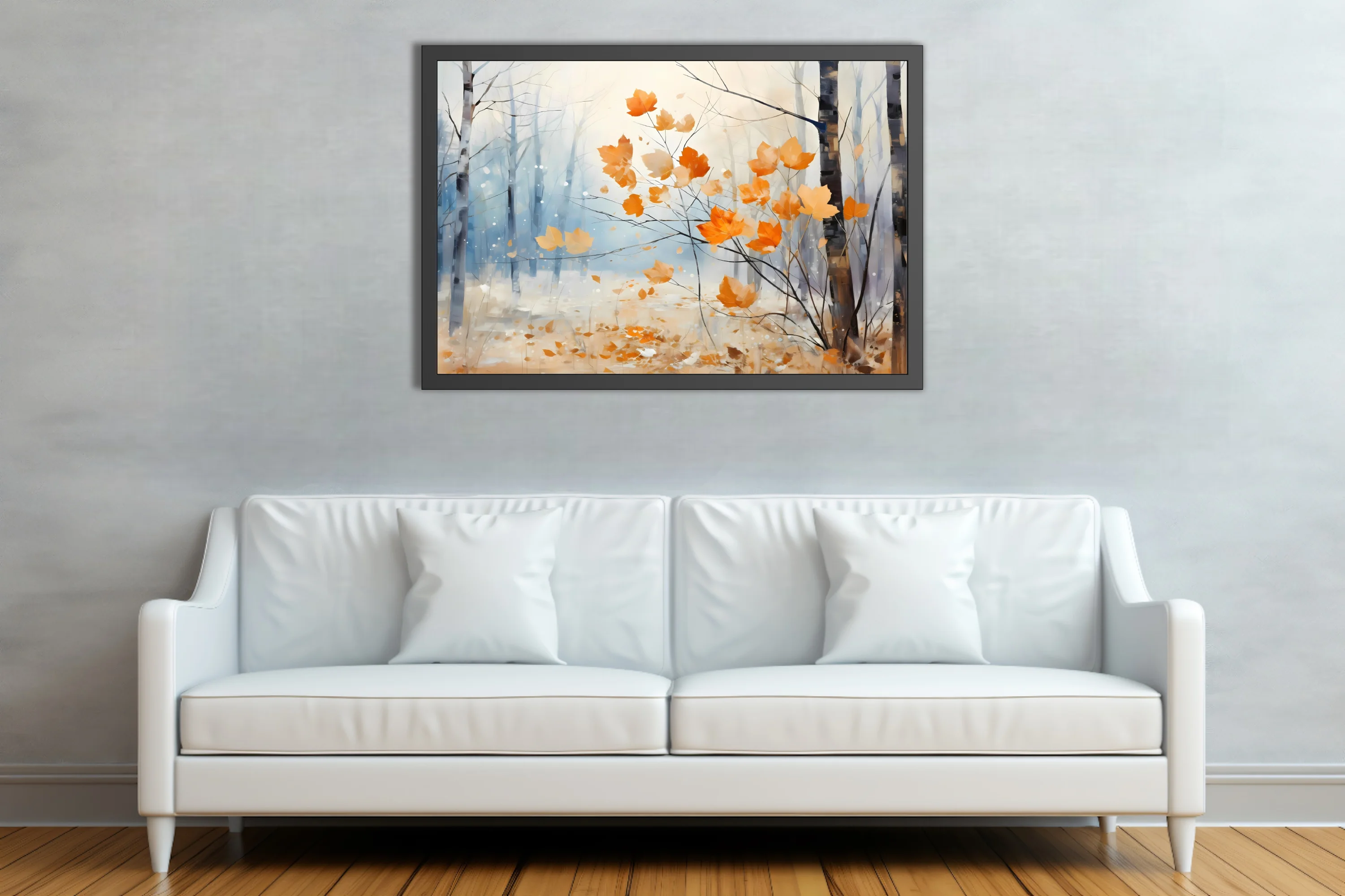 Painterly autumn forest with amber leaves and misty blue birches