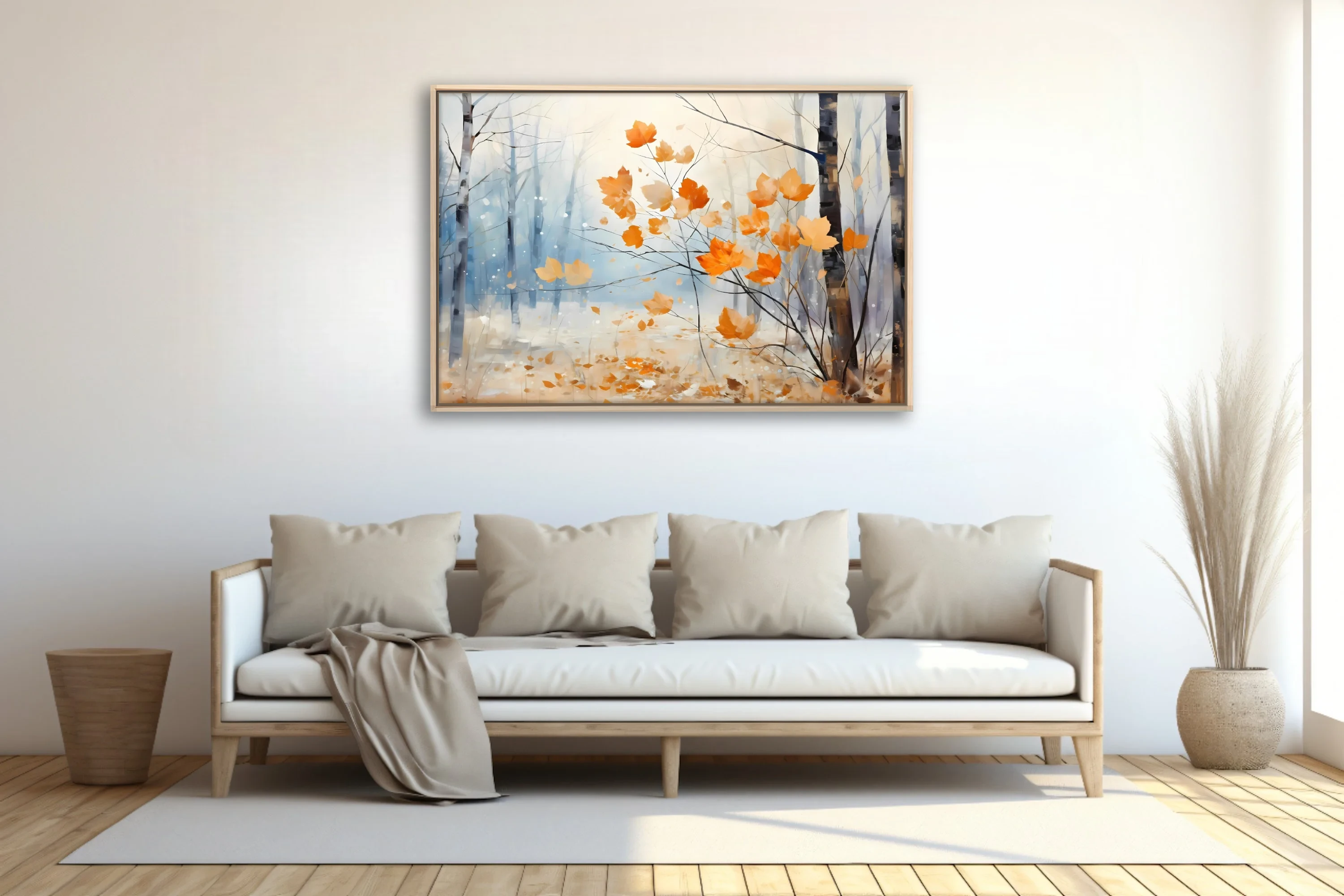 Painterly autumn forest with amber leaves and misty blue birches