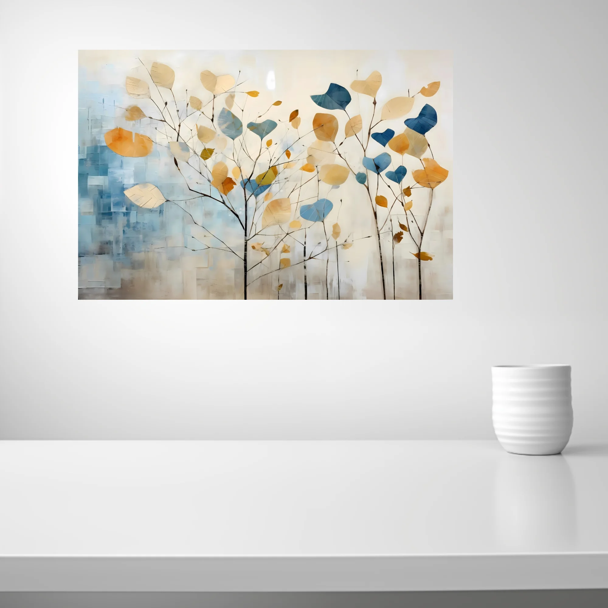 Abstract botanical wall art with oversized leaves in blue, amber, and cream on bare branches