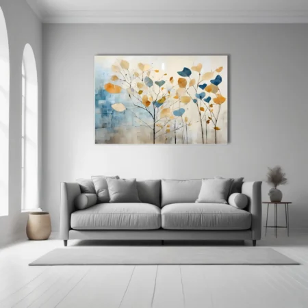 Abstract botanical wall art with oversized leaves in blue, amber, and cream on bare branches