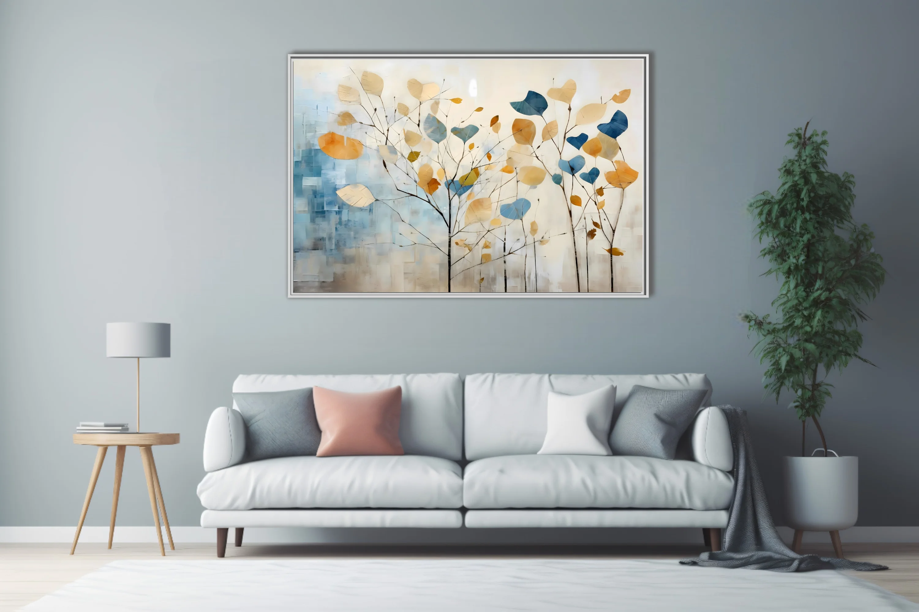 Abstract botanical wall art with oversized leaves in blue, amber, and cream on bare branches