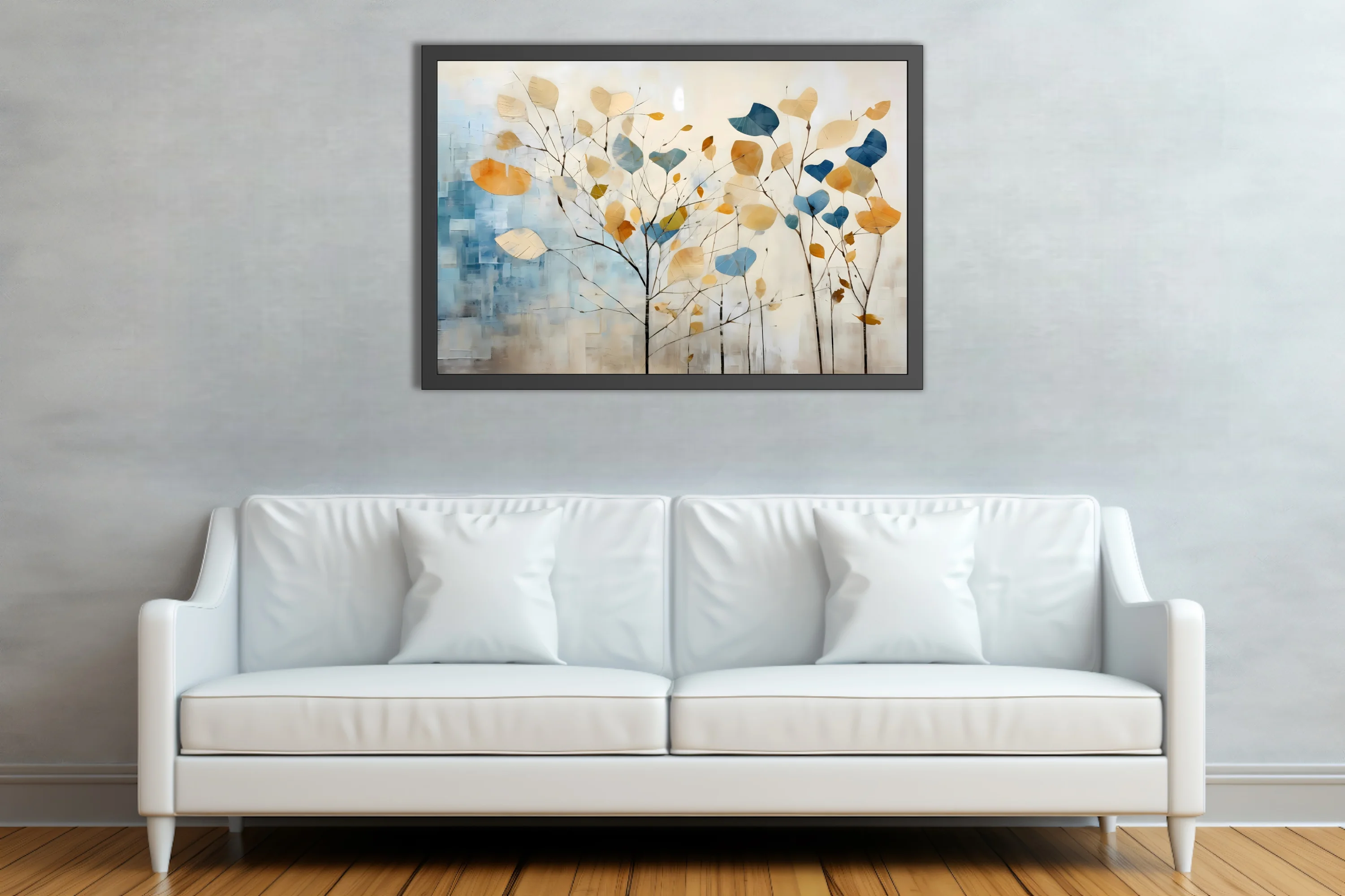 Abstract botanical wall art with oversized leaves in blue, amber, and cream on bare branches