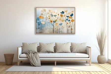 Abstract botanical wall art with oversized leaves in blue, amber, and cream on bare branches