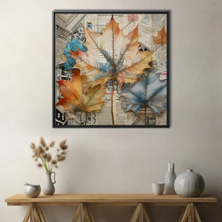 Collage-style autumn maple leaf art in amber, terracotta and blue over newsprint textures