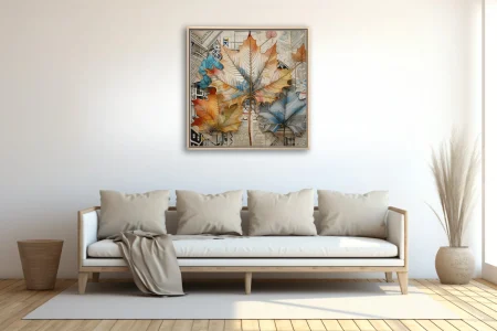 Collage-style autumn maple leaf art in amber, terracotta and blue over newsprint textures