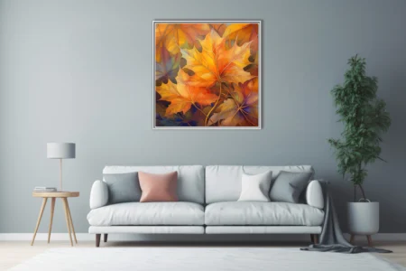 Stained glass-style autumn maple foliage in amber, orange, and gold tones