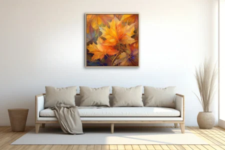 Stained glass-style autumn maple foliage in amber, orange, and gold tones