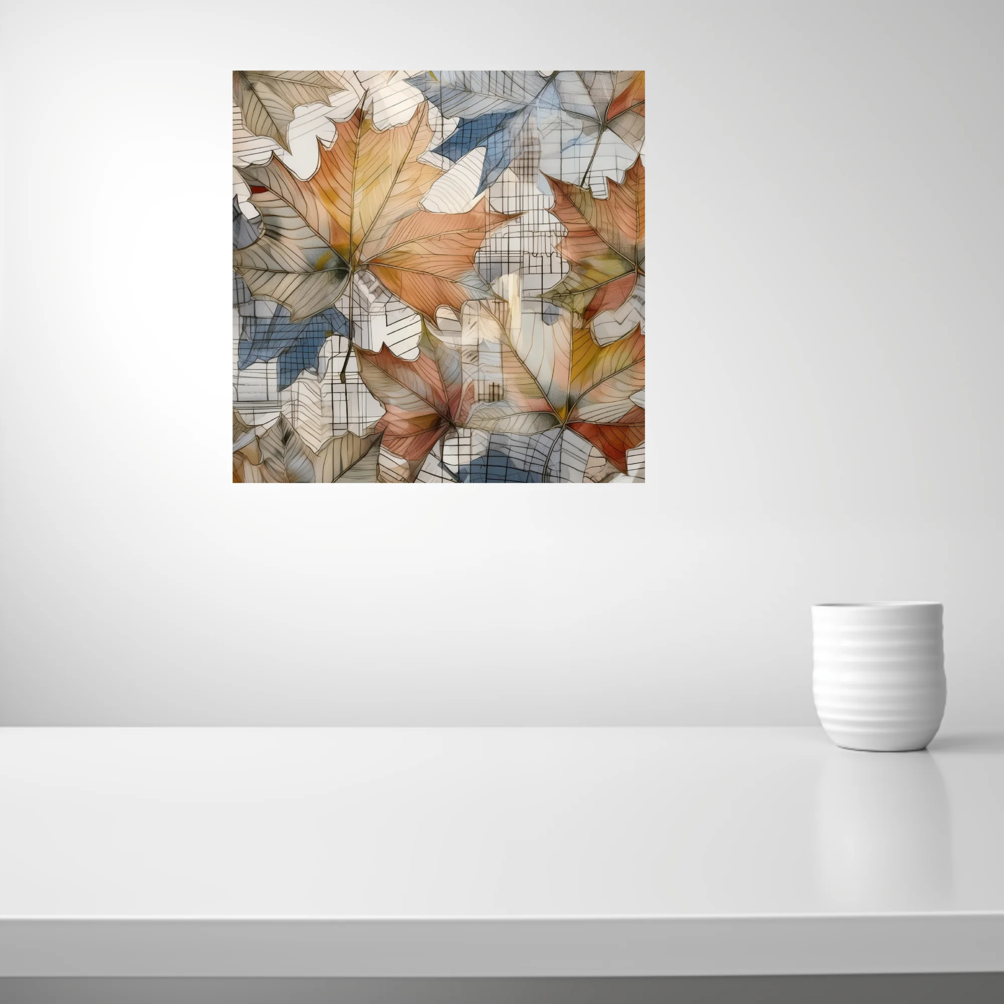 Watercolor-style abstract autumn leaves in amber and terracotta over grid lines