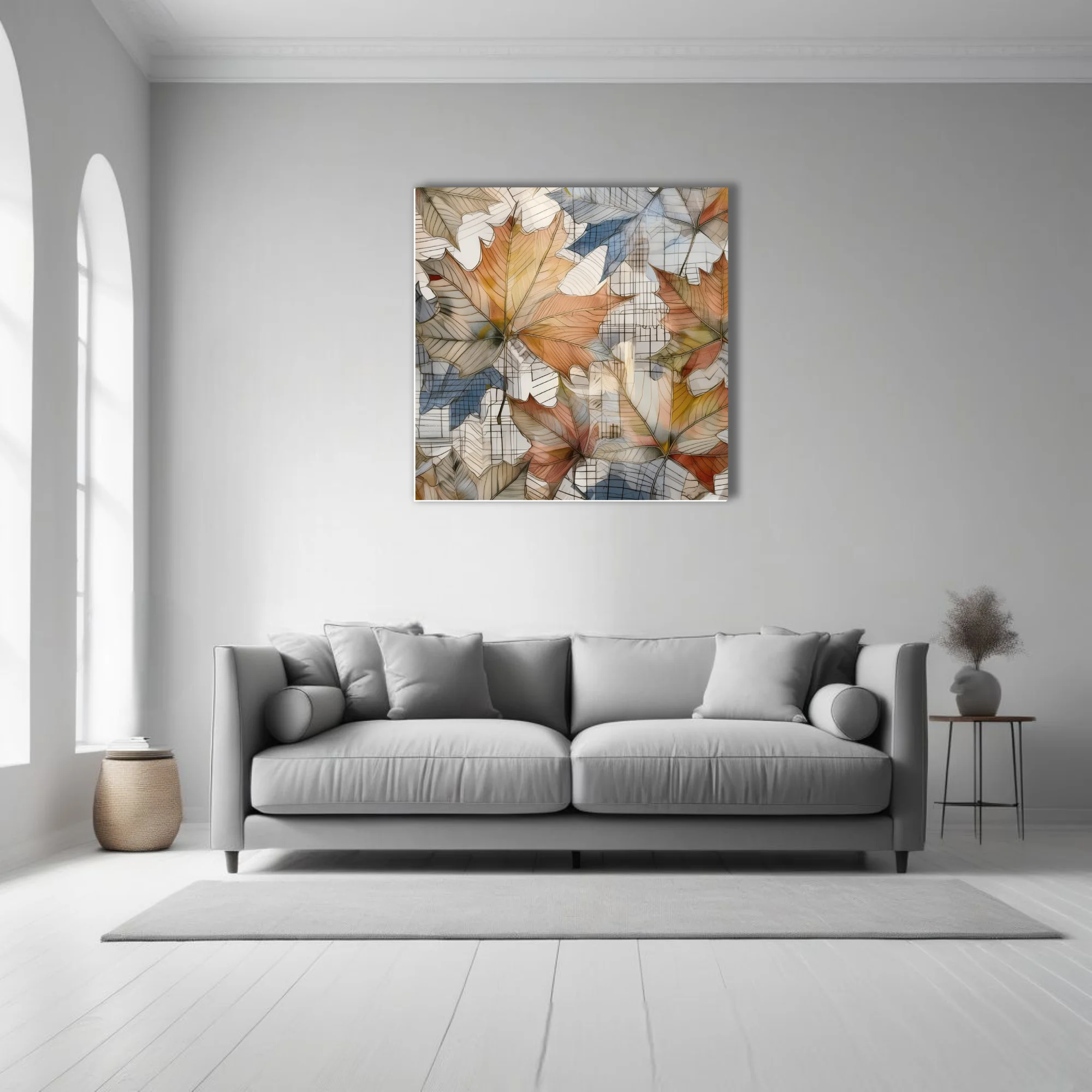 Watercolor-style abstract autumn leaves in amber and terracotta over grid lines