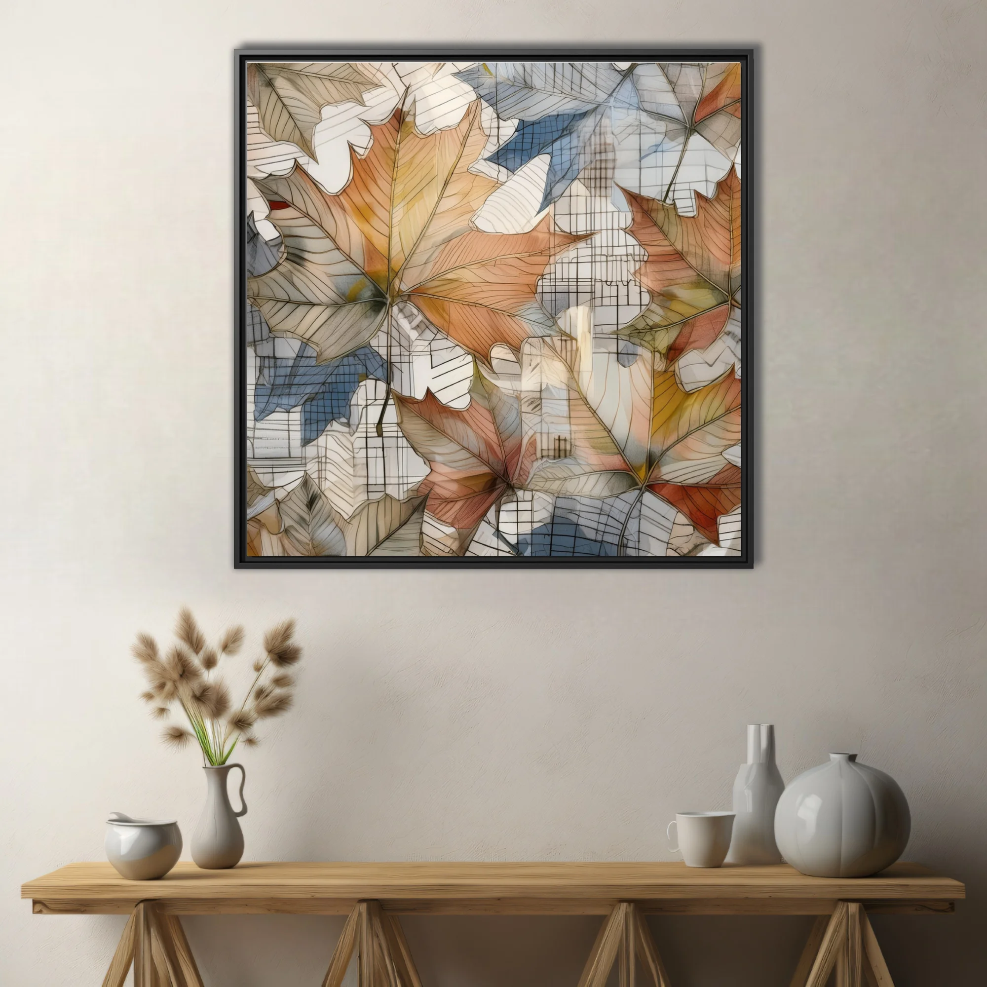 Watercolor-style abstract autumn leaves in amber and terracotta over grid lines