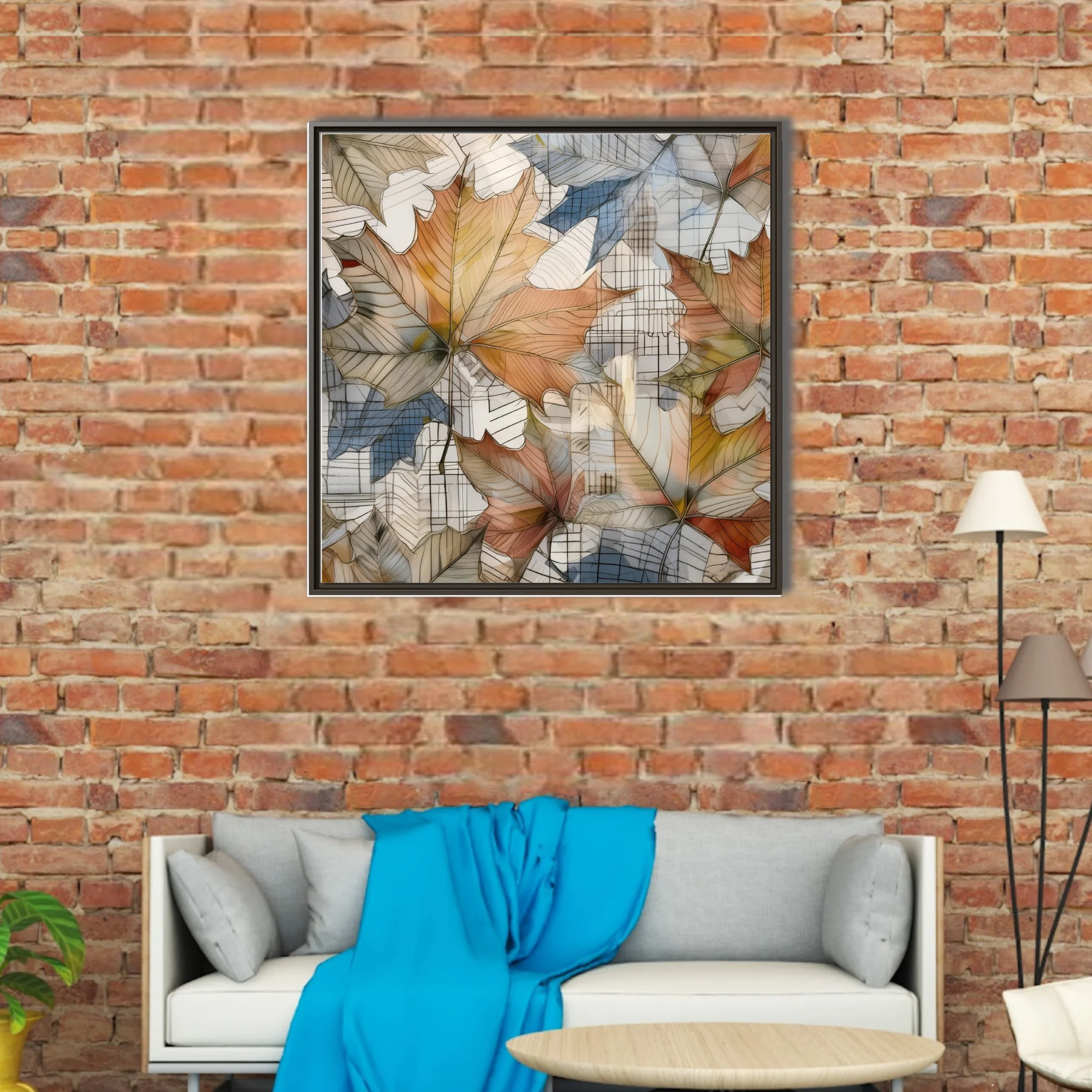 Watercolor-style abstract autumn leaves in amber and terracotta over grid lines